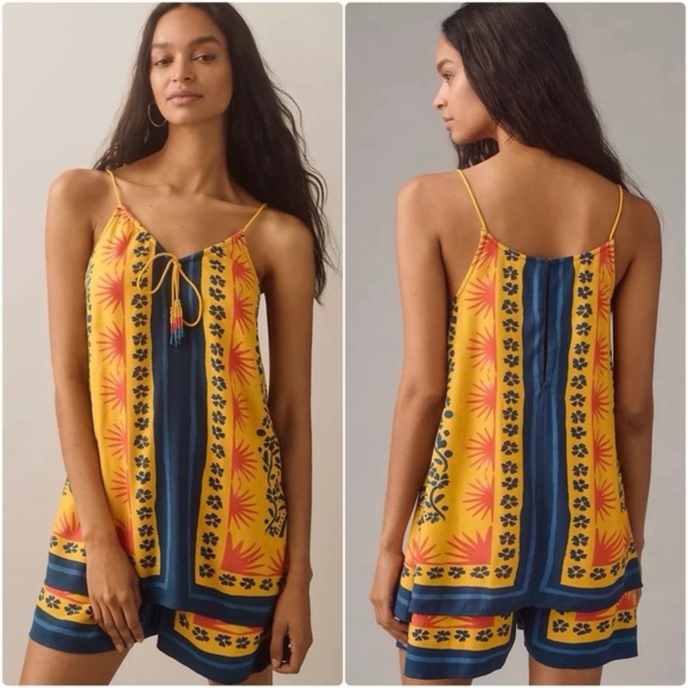 Farm Rio Romper Womens Medium Yellow Floral Beaded Tassel Sleeveless Boho